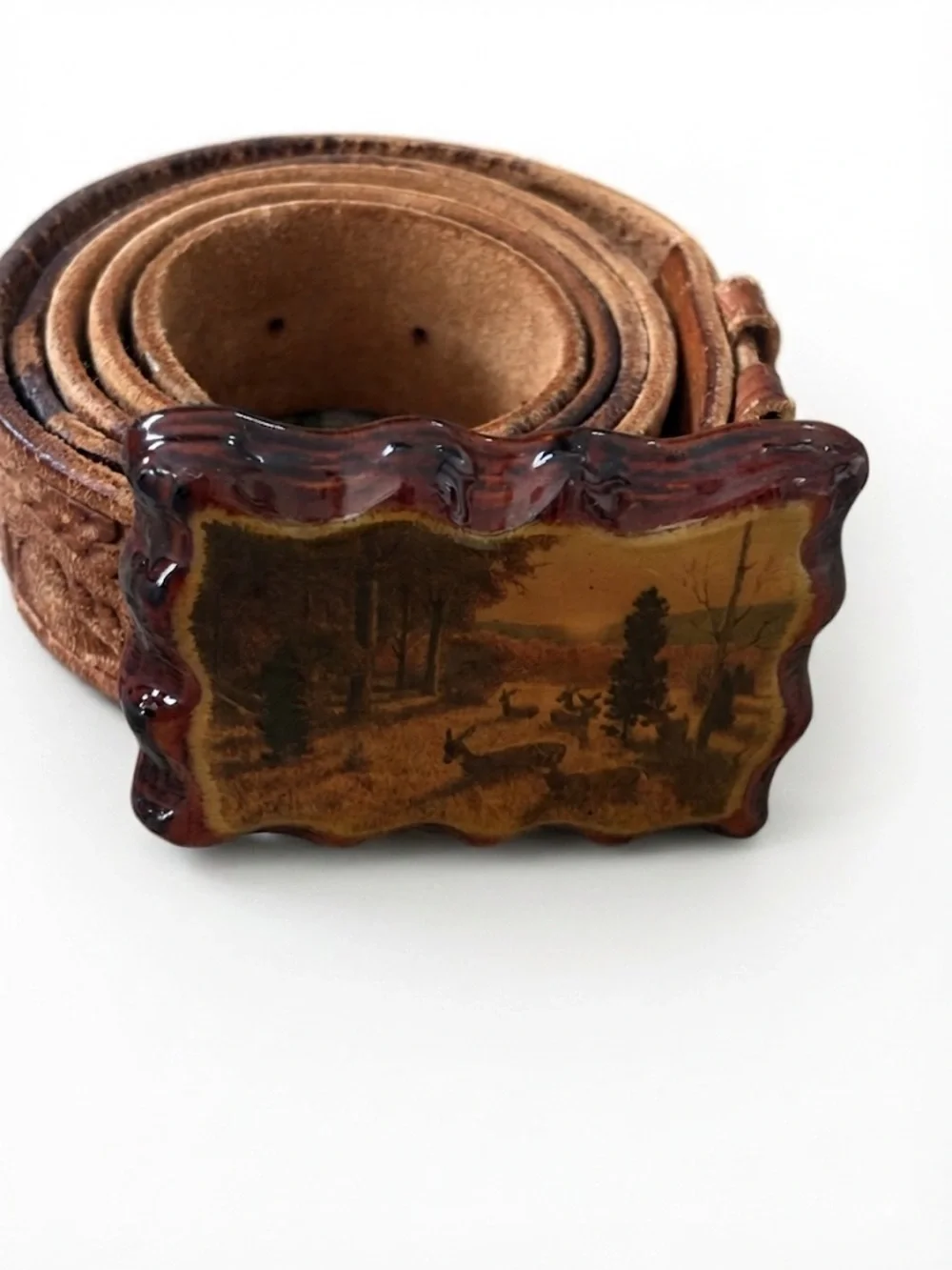 Vintage Tooled Leather Belt • Handmade Wood Resin Deer Buckle • Boho Western